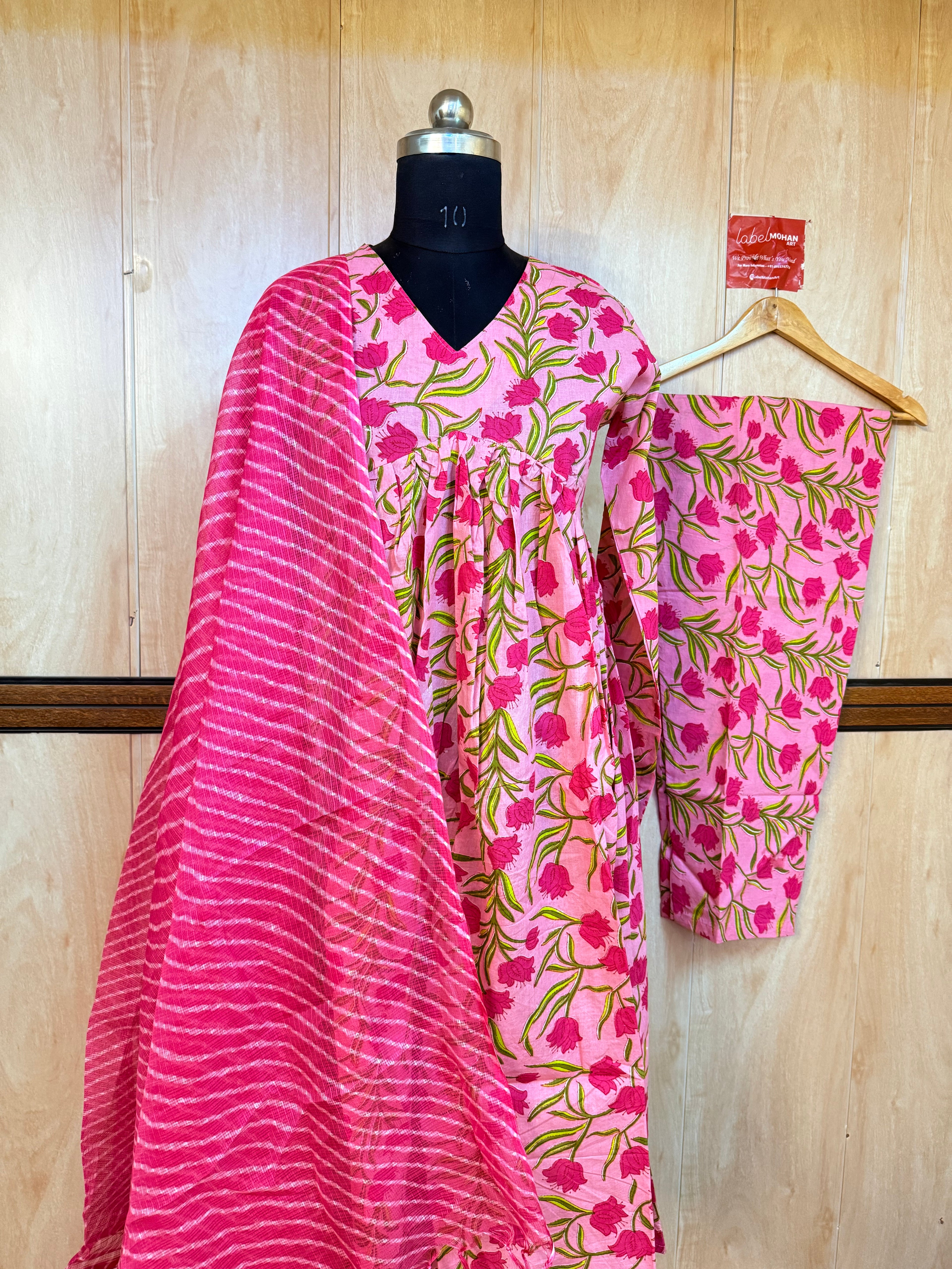 Cotton pink suit set with kotadoriya dupatta