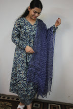 Blue Alia Cut 3-Piece Suit Set with Kota Doriya Dupatta