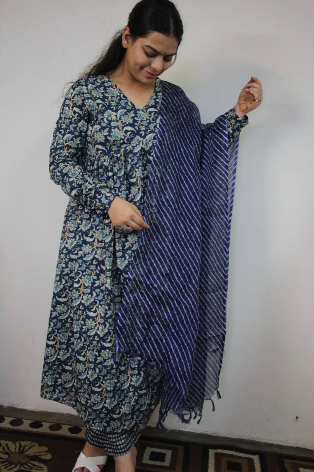 Blue Alia Cut 3-Piece Suit Set with Kota Doriya Dupatta