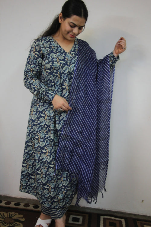 Blue Alia Cut 3-Piece Suit Set with Kota Doriya Dupatta