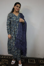 Blue Alia Cut 3-Piece Suit Set with Kota Doriya Dupatta