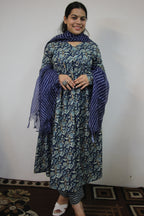 Blue Alia Cut 3-Piece Suit Set with Kota Doriya Dupatta