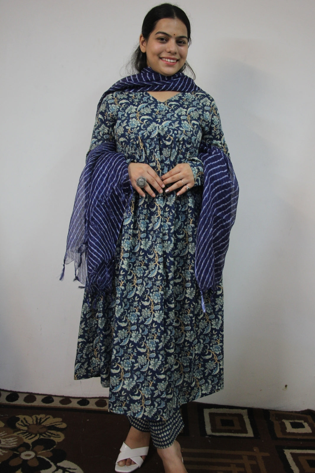 Blue Alia Cut 3-Piece Suit Set with Kota Doriya Dupatta