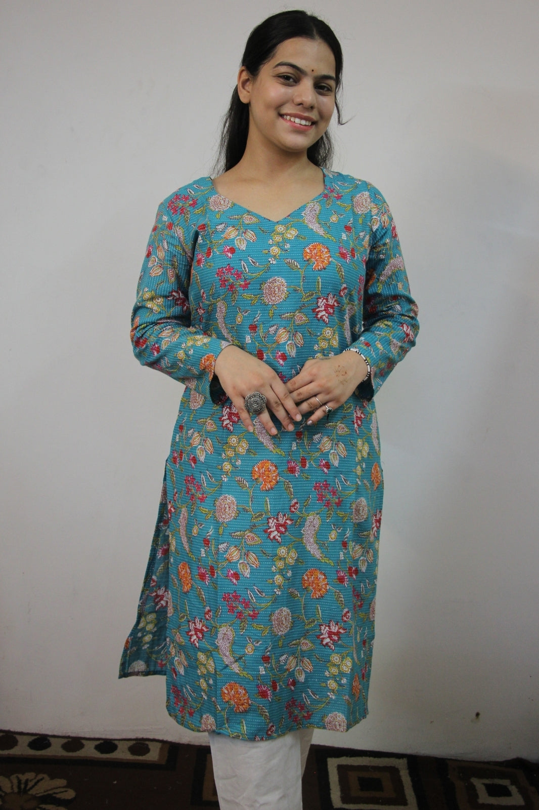 Blue Katha Cotton Straight Cut Kurti