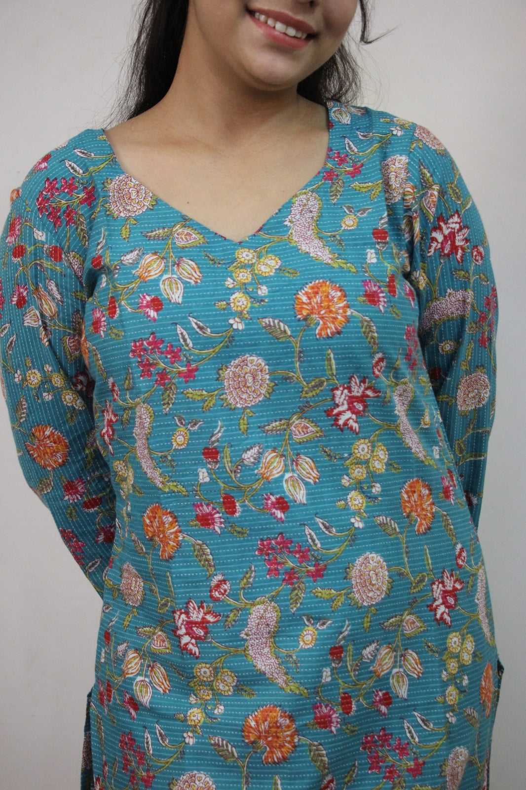 Blue Katha Cotton Straight Cut Kurti