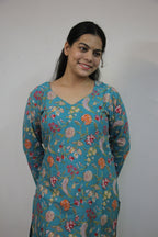 Blue Katha Cotton Straight Cut Kurti