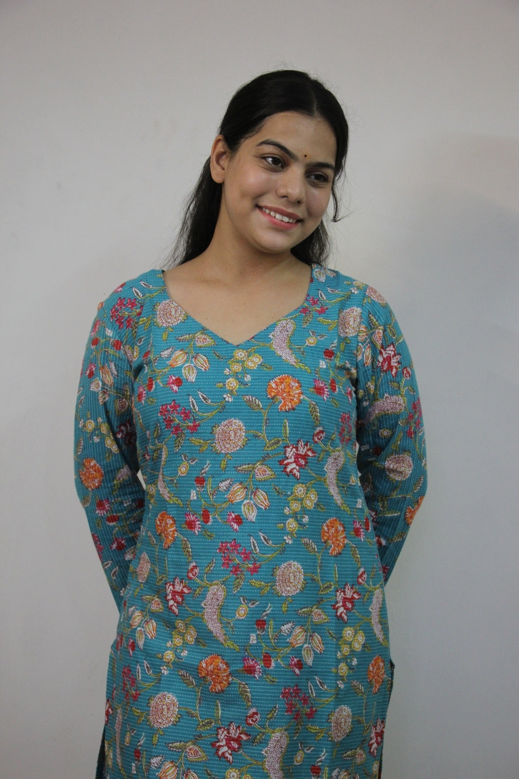 Blue Katha Cotton Straight Cut Kurti