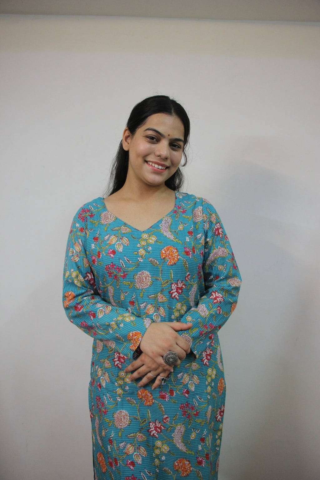 Blue Katha Cotton Straight Cut Kurti