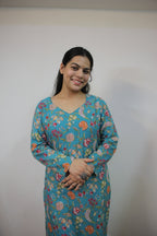 Blue Katha Cotton Straight Cut Kurti