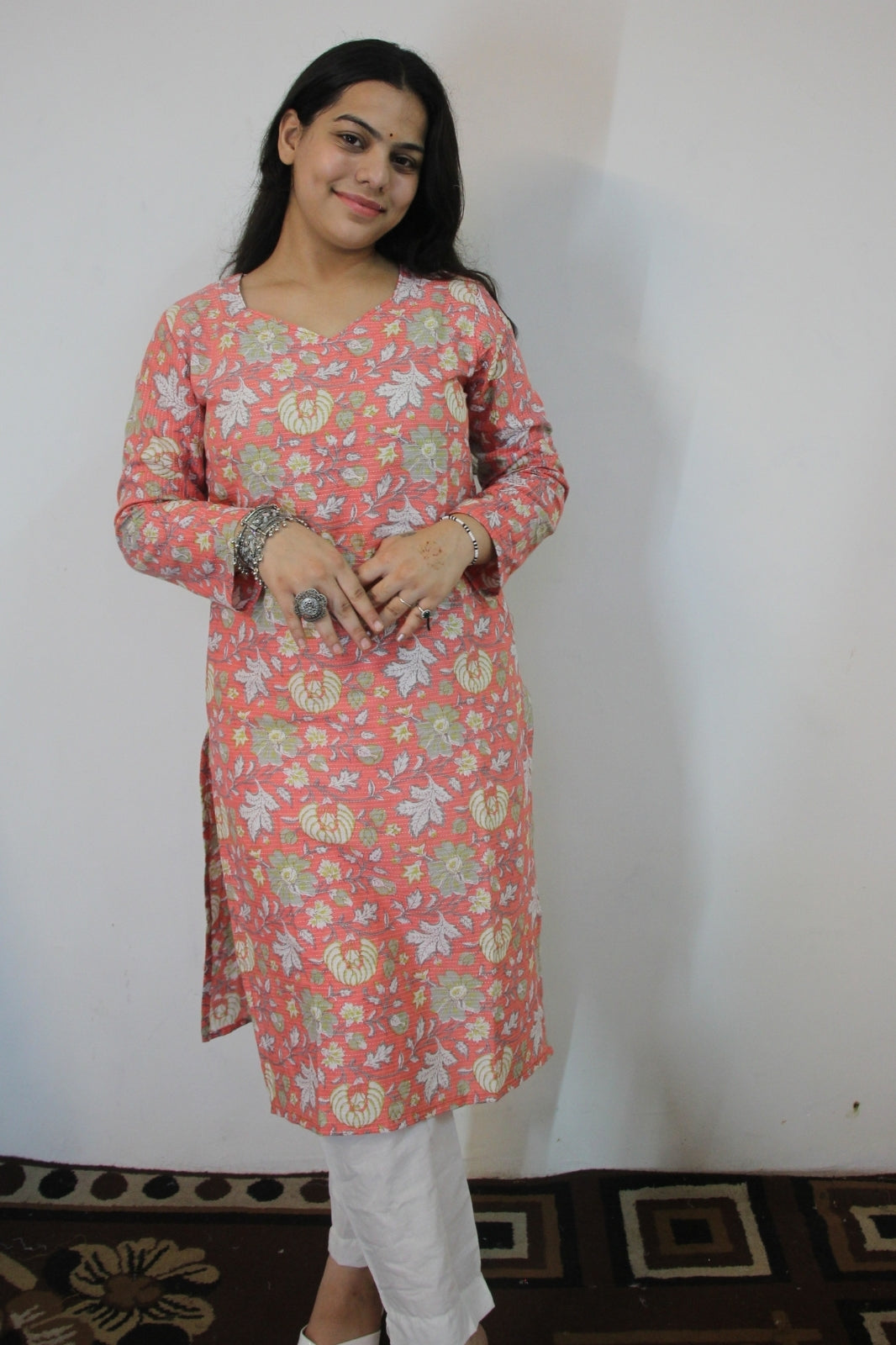 Peach Cotton Katha Straight Cut Kurti