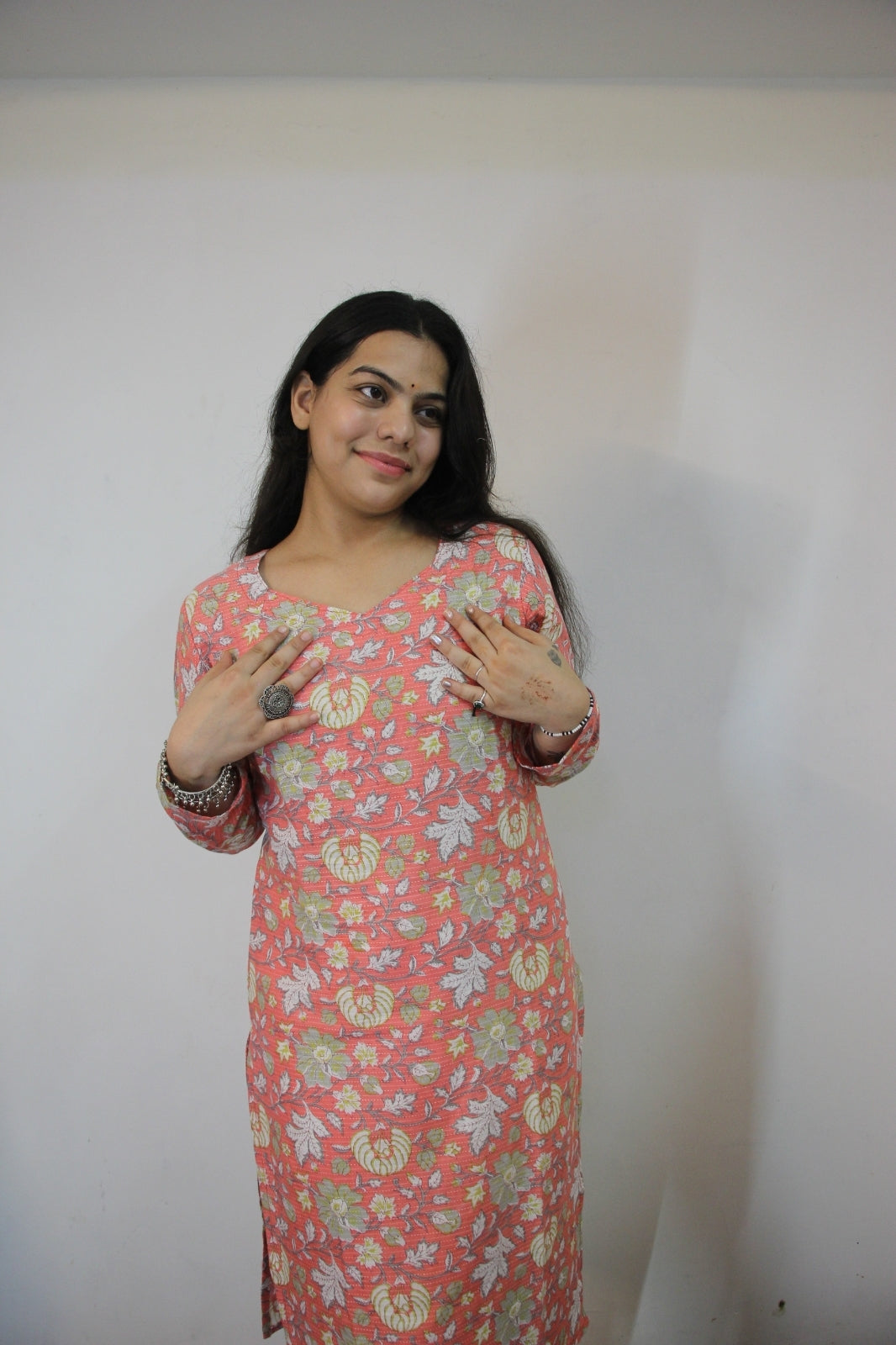 Peach Cotton Katha Straight Cut Kurti