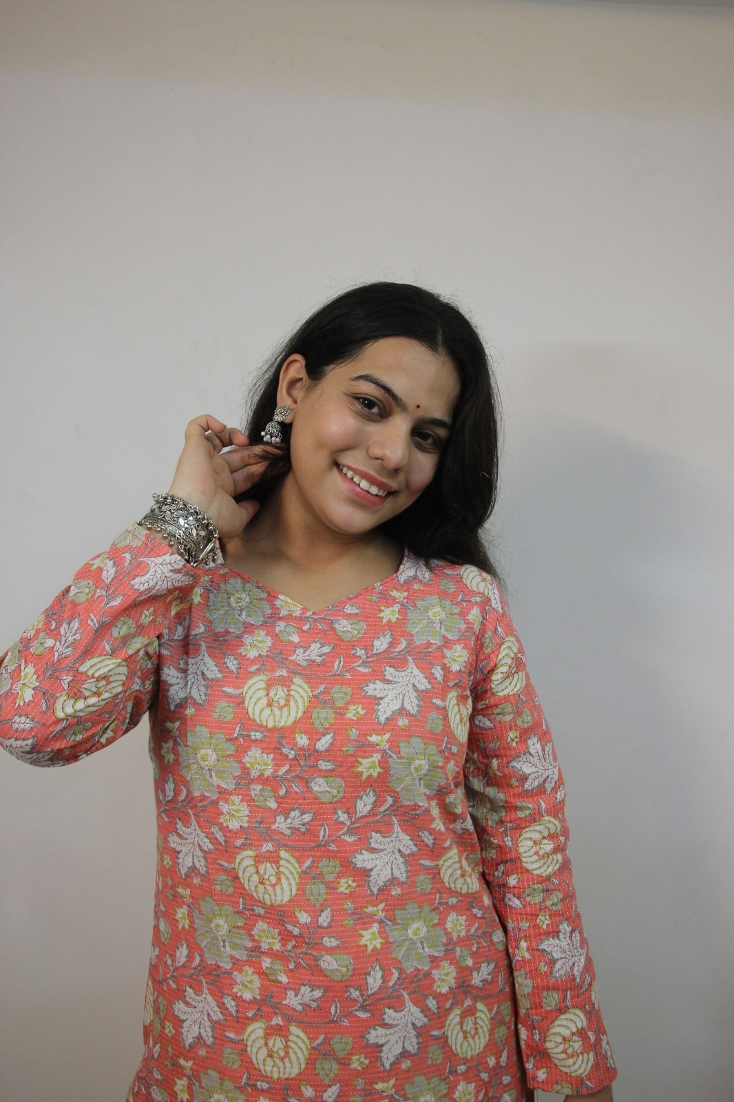 Peach Cotton Katha Straight Cut Kurti