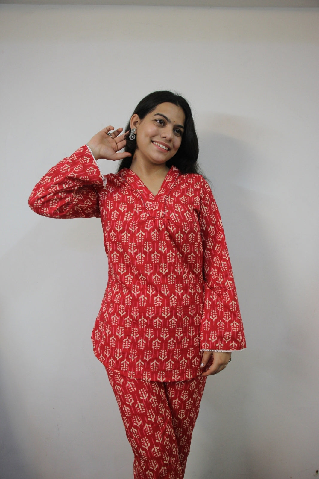 Red V-Neck Cord Set