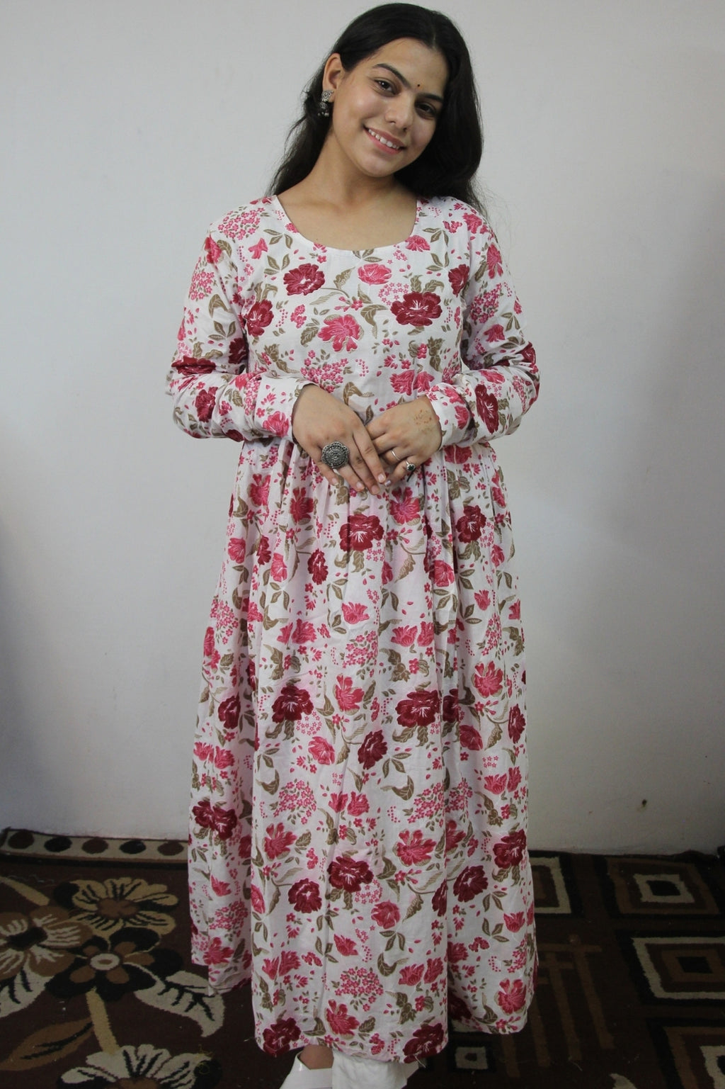 White Round Neck Cotton Anarkali