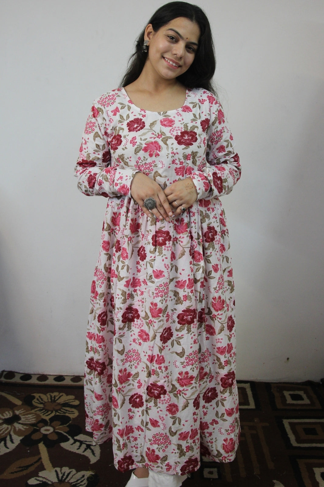 White Round Neck Cotton Anarkali