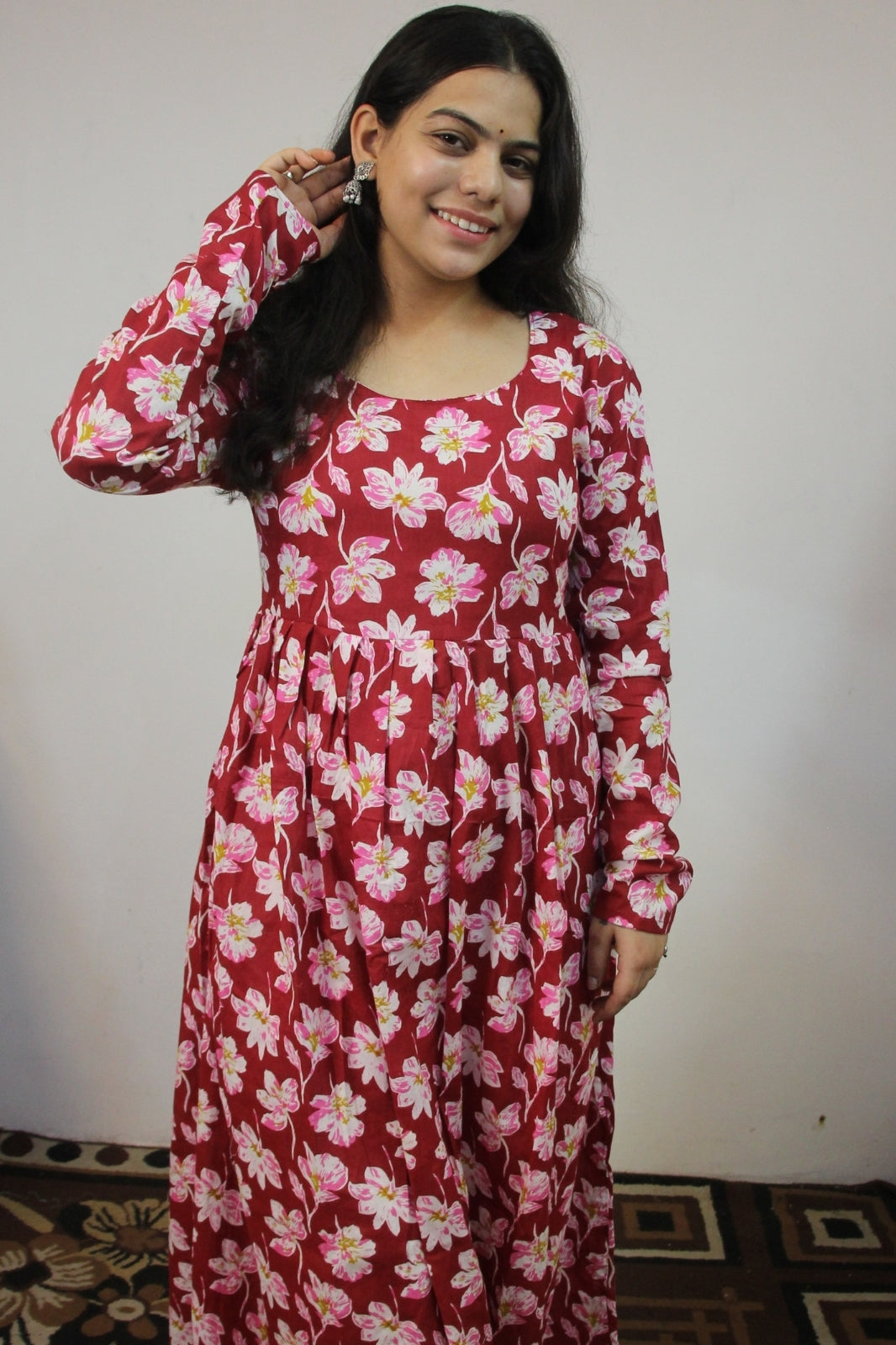 Pink Floral Cotton Anarkali