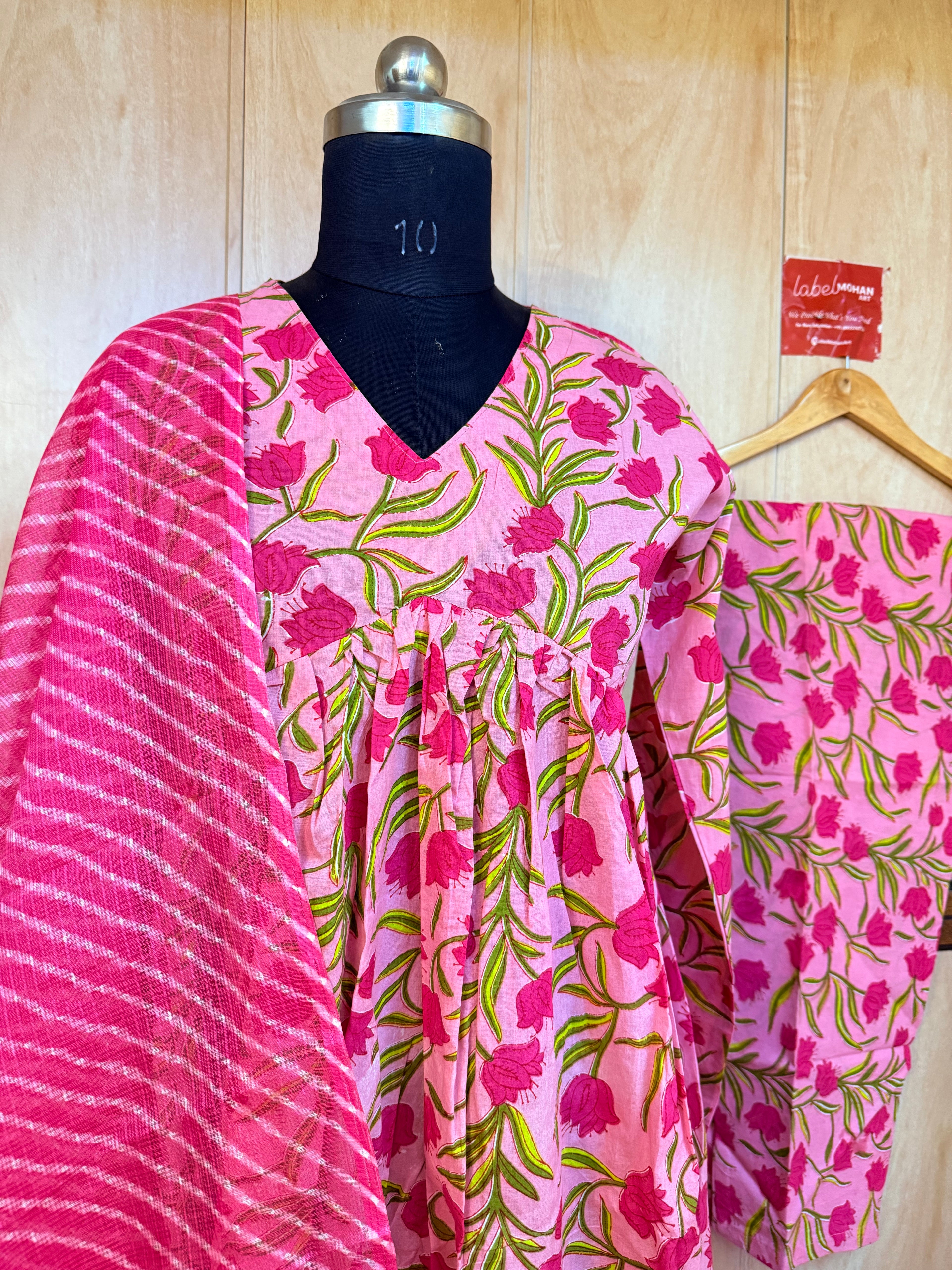 Cotton pink suit set with kotadoriya dupatta