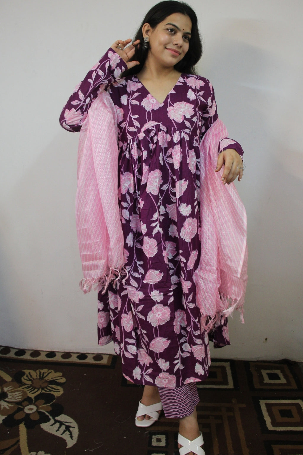 Violet Alia Cut Anarkali with Pant and Kota Doriya Dupatta