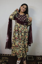 Elegant Wine 3 Piece Suit Set with Chiffon Dupatta