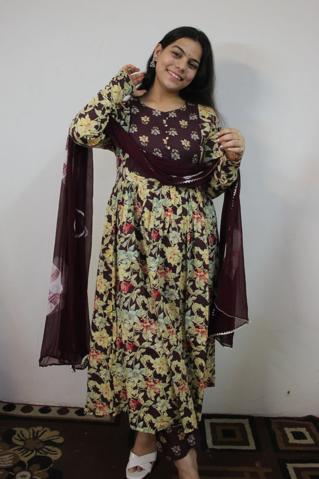 Elegant Wine 3 Piece Suit Set with Chiffon Dupatta