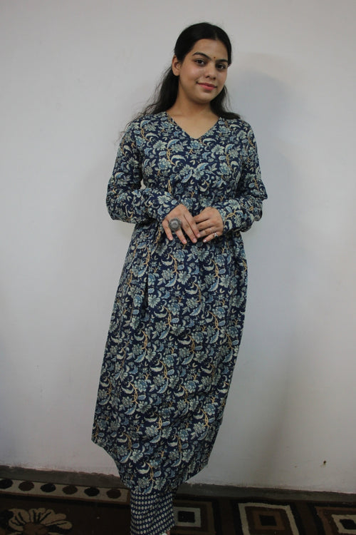 Blue Alia Cut 3-Piece Suit Set with Kota Doriya Dupatta