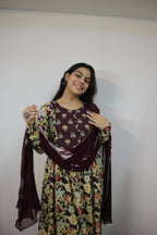 Elegant Wine 3 Piece Suit Set with Chiffon Dupatta