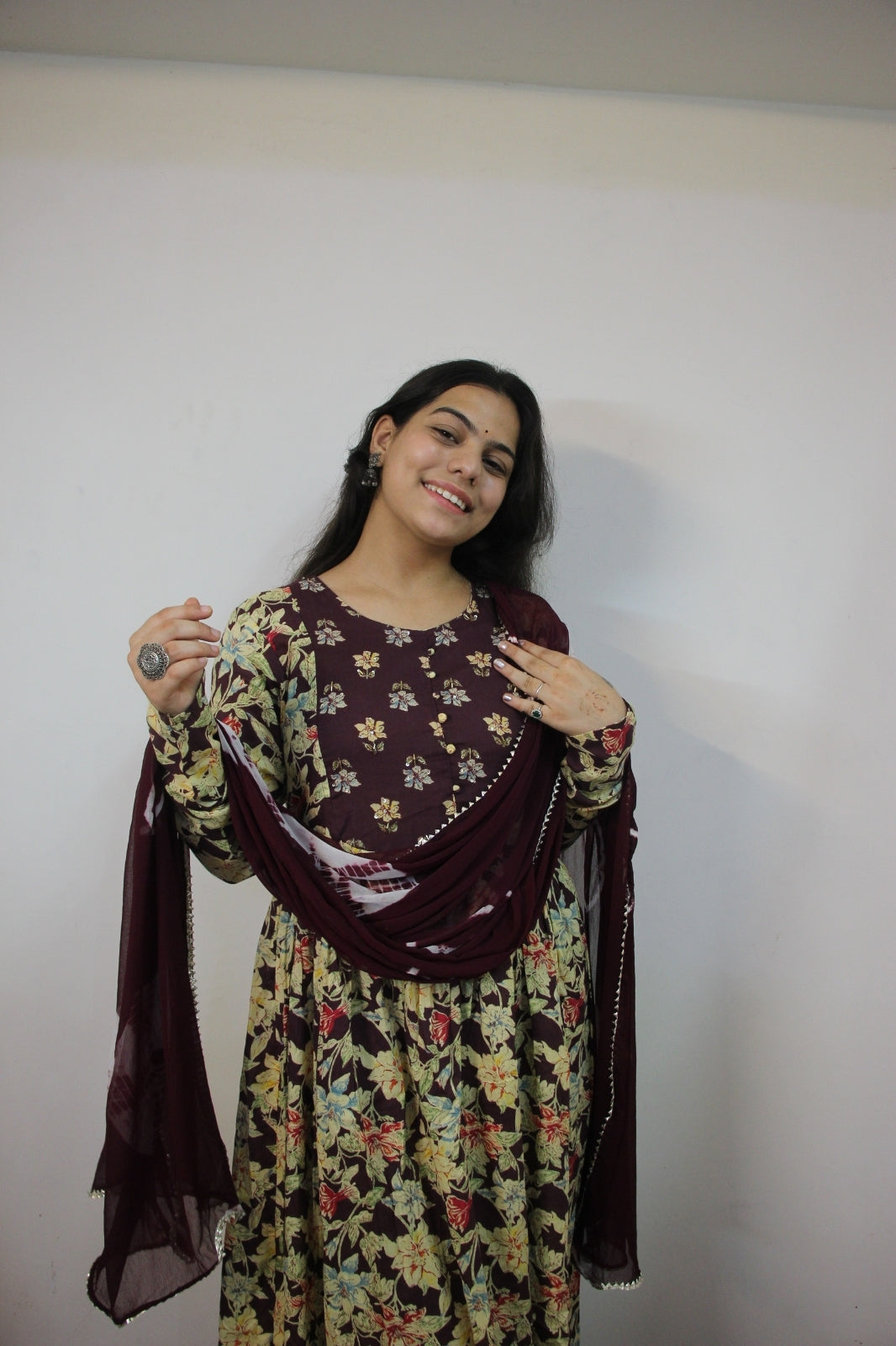 Elegant Wine 3 Piece Suit Set with Chiffon Dupatta