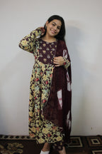 Elegant Wine 3 Piece Suit Set with Chiffon Dupatta