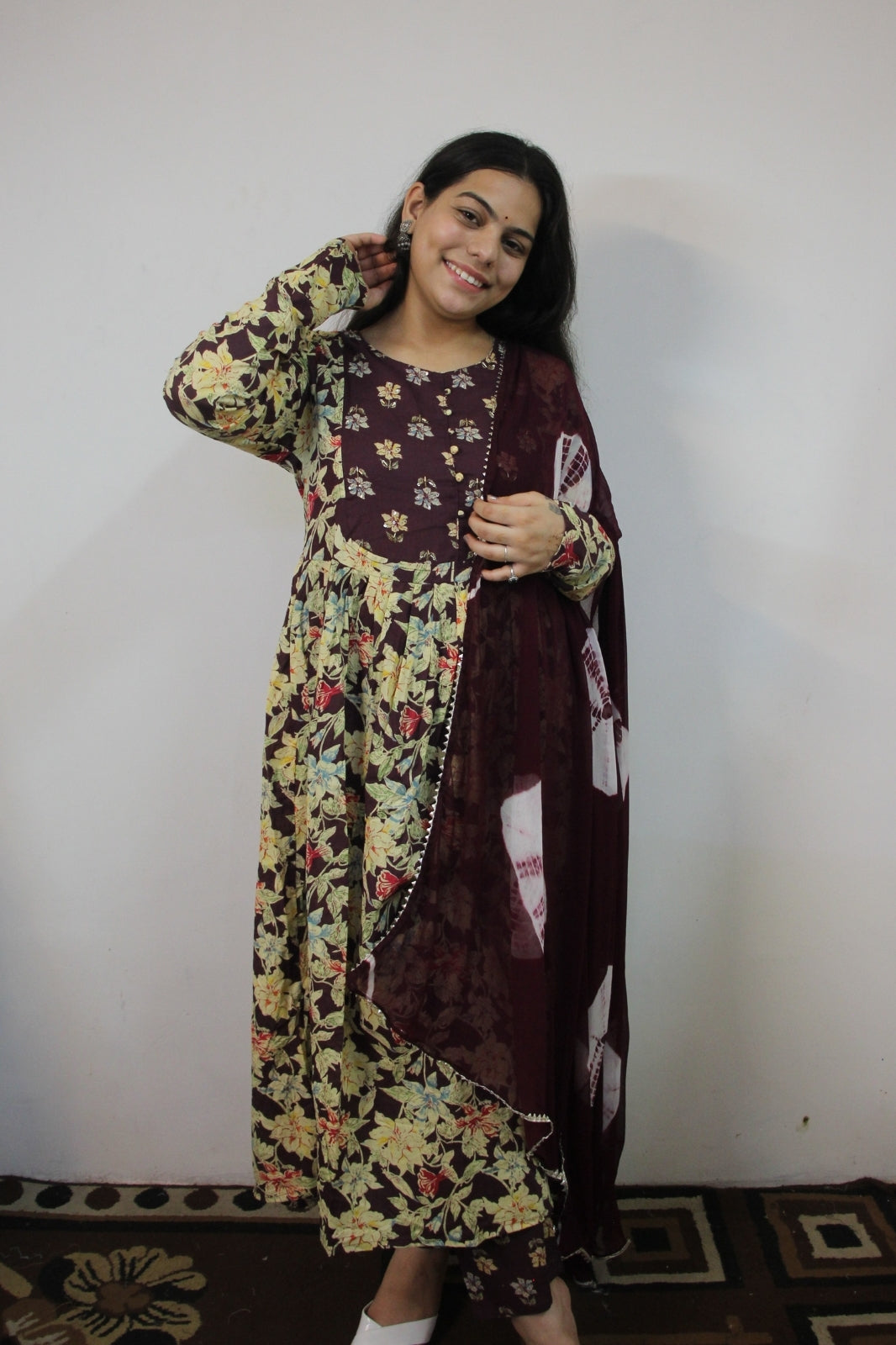 Elegant Wine 3 Piece Suit Set with Chiffon Dupatta