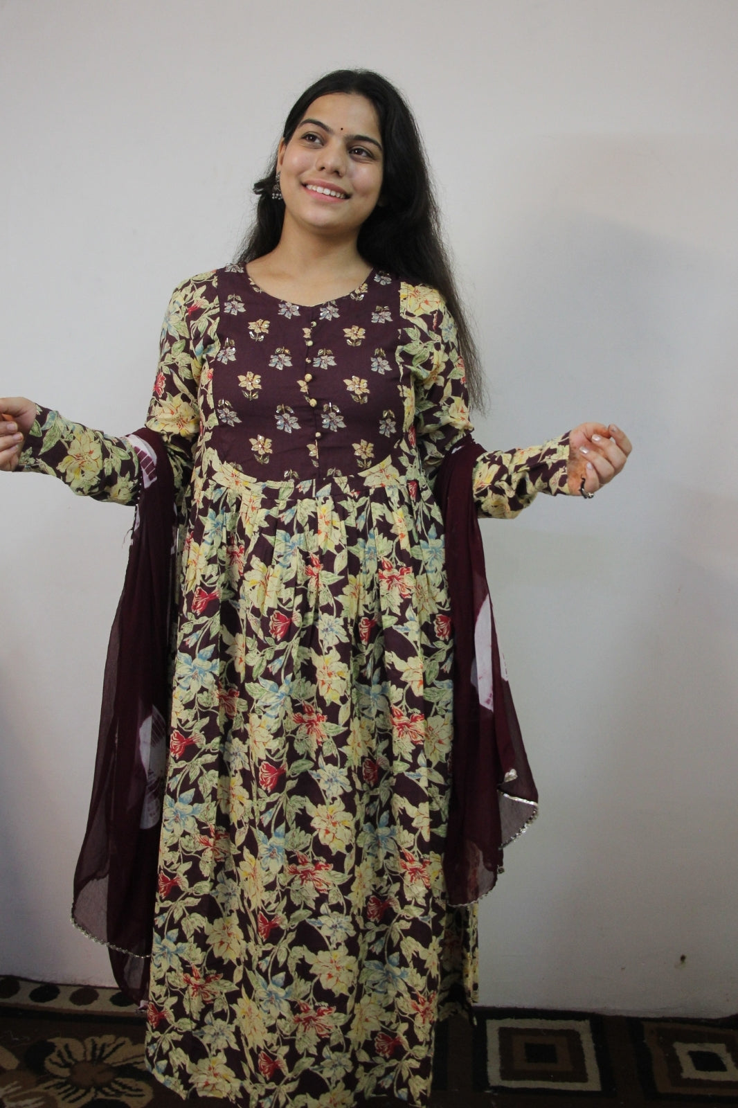 Elegant Wine 3 Piece Suit Set with Chiffon Dupatta