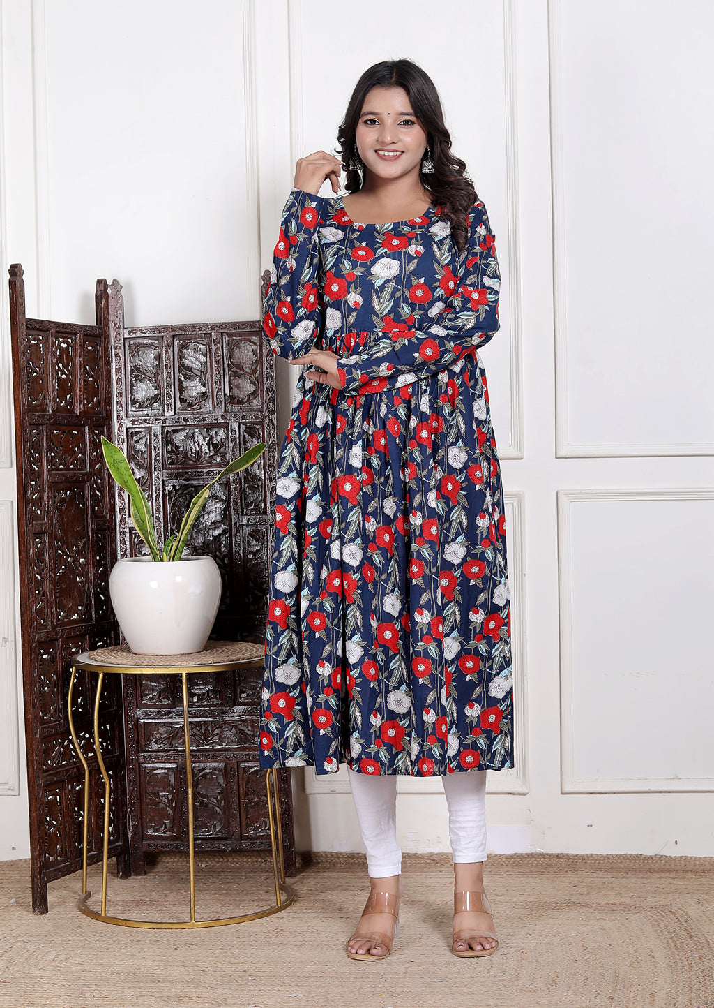 Blue round neck anarkali