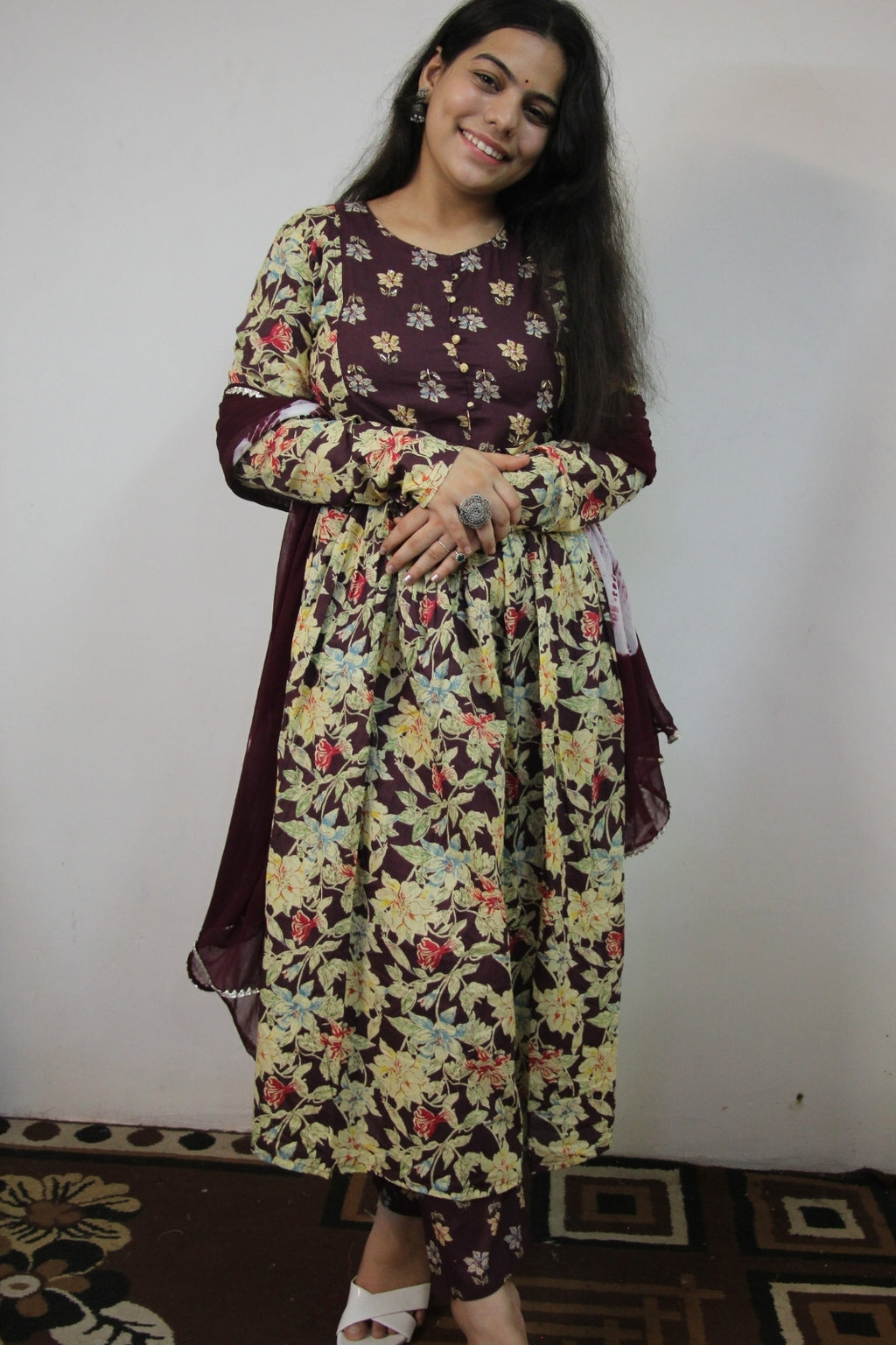 Elegant Wine 3 Piece Suit Set with Chiffon Dupatta