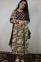 Elegant Wine 3 Piece Suit Set with Chiffon Dupatta