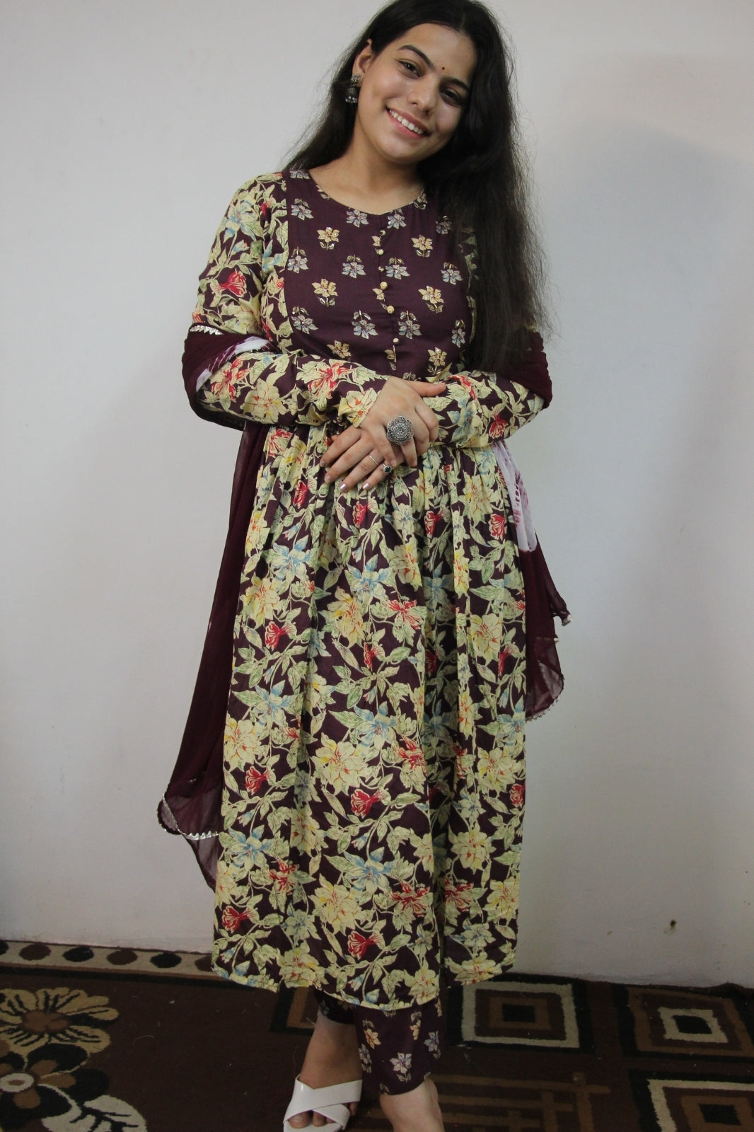 Elegant Wine 3 Piece Suit Set with Chiffon Dupatta