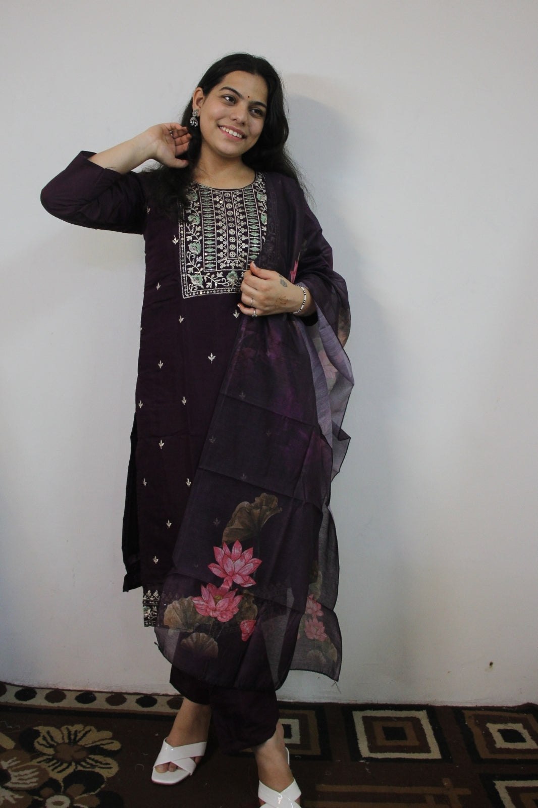 Elegant Wine Silk Straight Suit Set