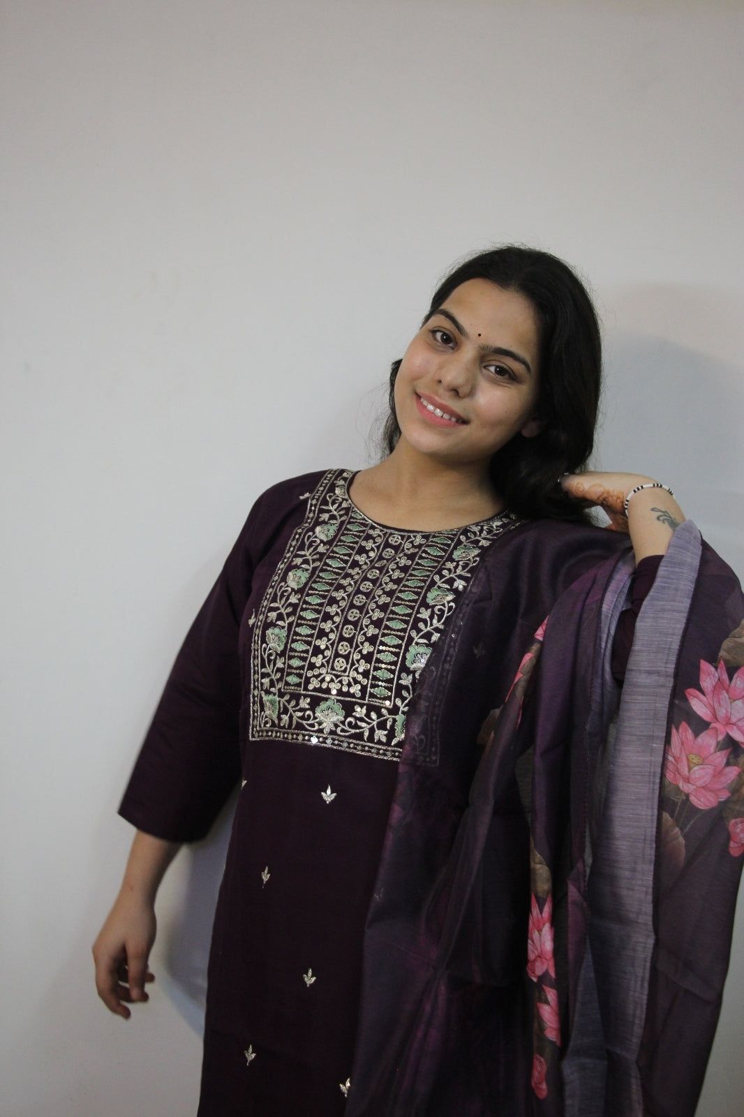 Elegant Wine Silk Straight Suit Set