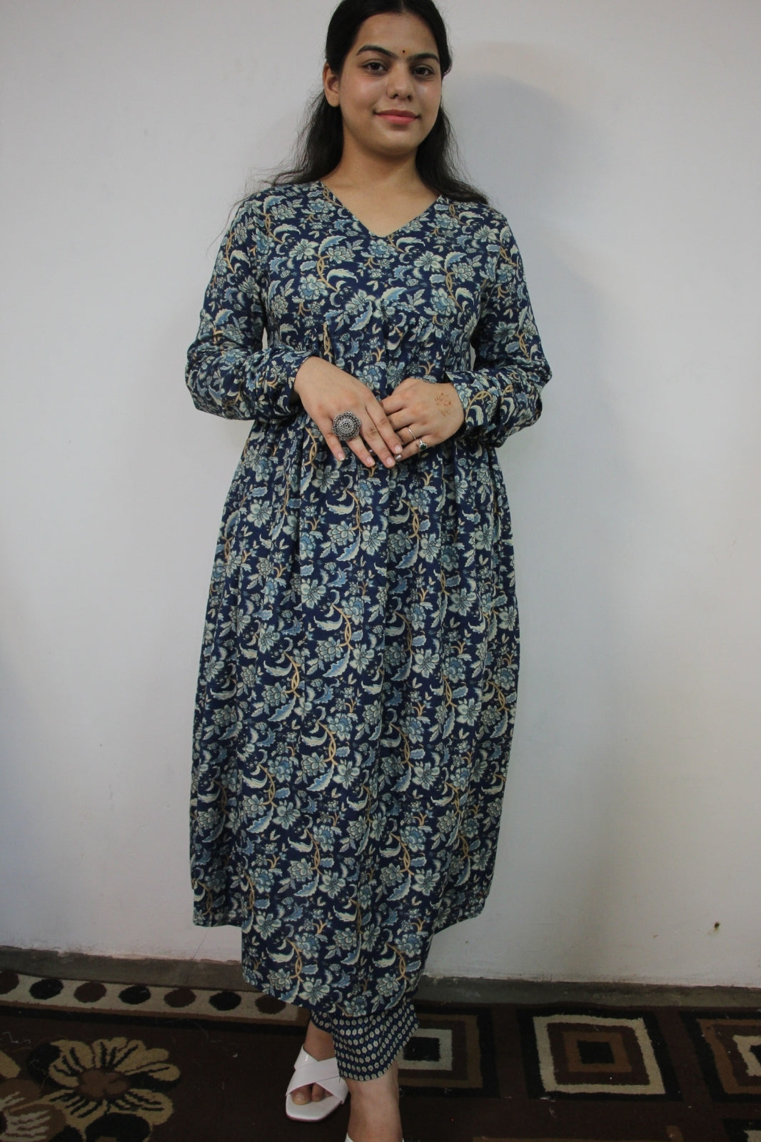 Blue Alia Cut 3-Piece Suit Set with Kota Doriya Dupatta