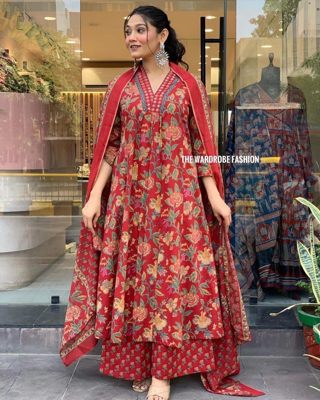 Red aline cotton 3 pice suit set