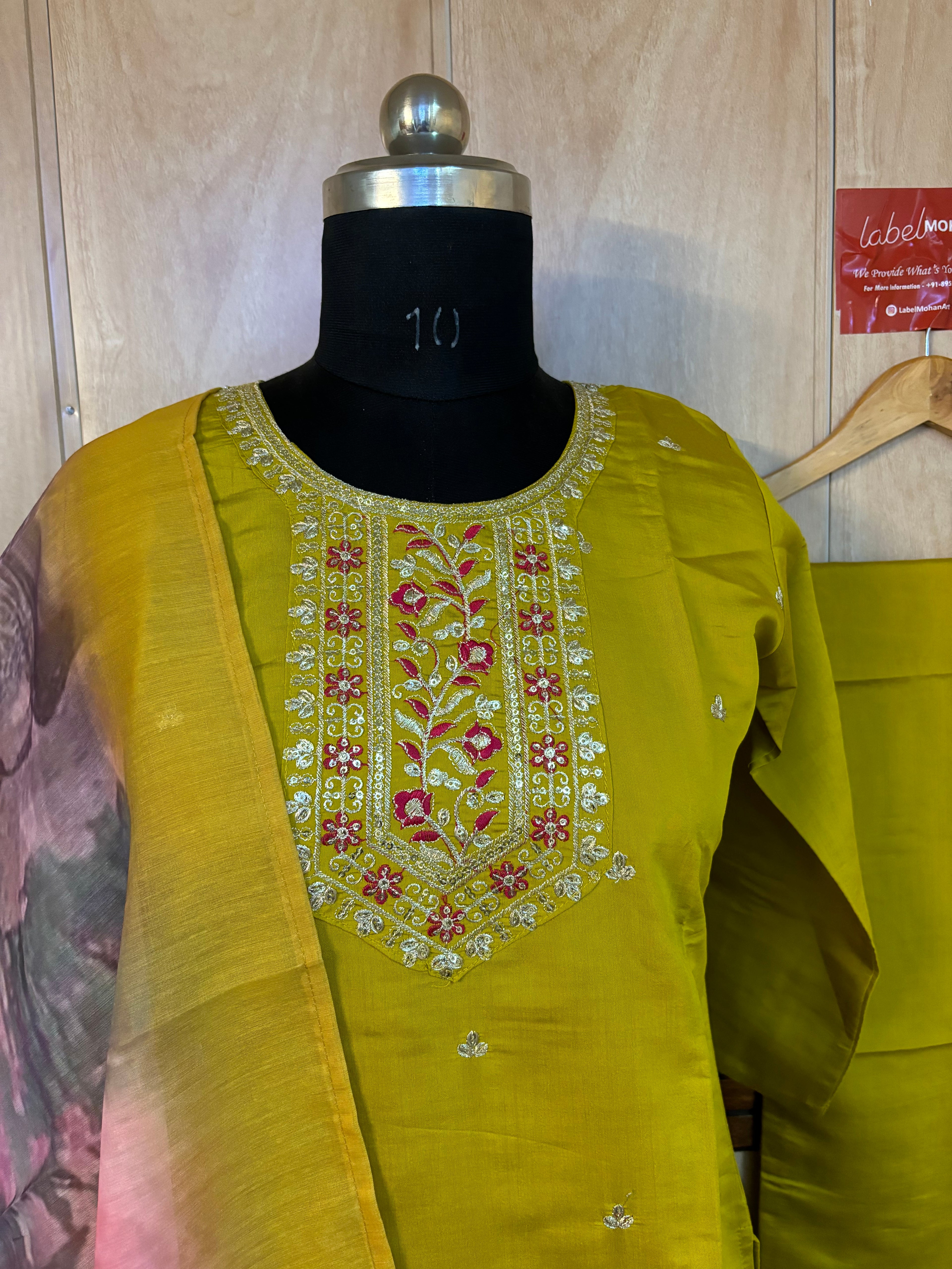 Musterd yellow 3 pice strawberry silk suit set