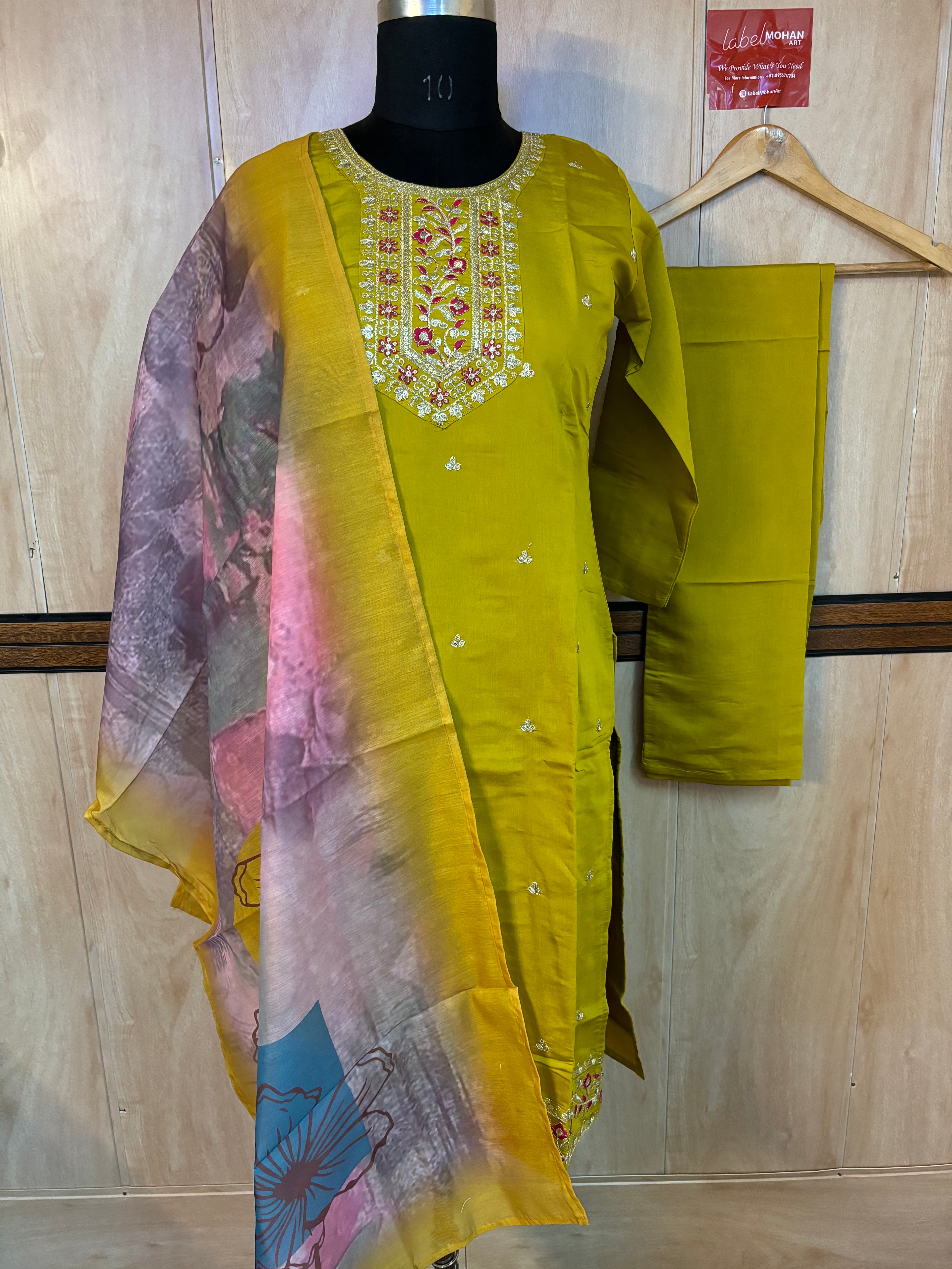 Musterd yellow 3 pice strawberry silk suit set